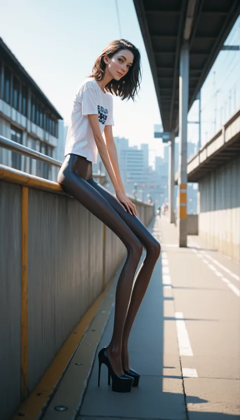 sits on the railing of a high river bridge . Long legs. poser view. very thin skinny body.ровные Long legs в колготках.  very thin legs  . high-heeled t-shirt .wearing a long-sleeved. leggings. sits on a bridge