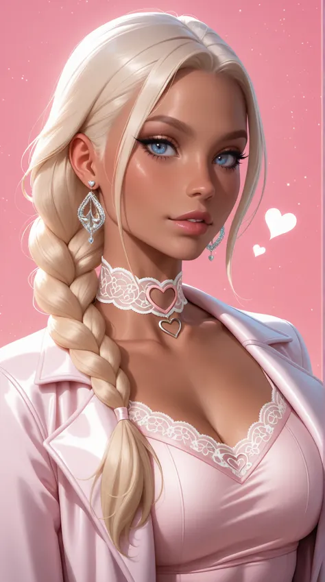 (TangoBat:0.7),(Sakimichan:0.7), A digitally rendered anime-style portrait of a beautiful woman with light-blonde braided hair, tanned skin, and a soft, pastel pink outfit, a slightly oversized jacket/blouse with a textured, almost satin-like finish, a del...