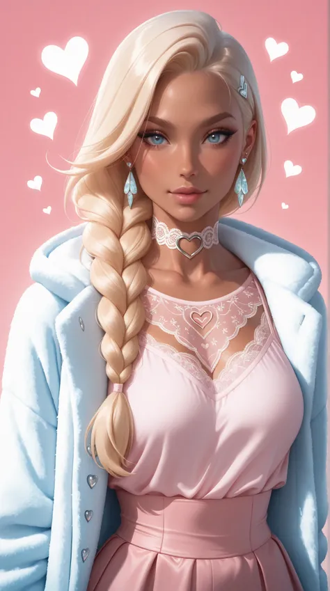 (TangoBat:0.7),(Sakimichan:0.7), A digitally rendered anime-style portrait of a beautiful woman with light-blonde braided hair, tanned skin, and a soft, pastel pink outfit, a slightly oversized jacket/blouse with a textured, almost satin-like finish, a del...