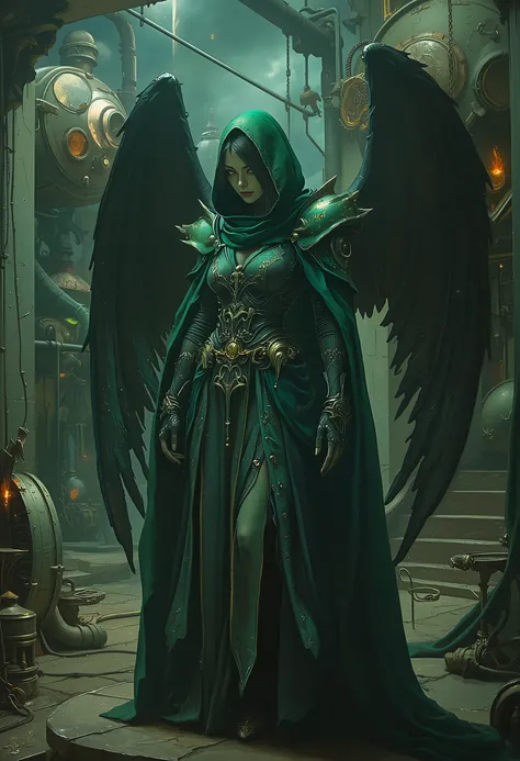 8k,  dark_fantasy, (green Witch, yellow: 1.5), Angel Face, 1 person, Standing full-body portrait, Mechanical Wonders ,  Robot Presence