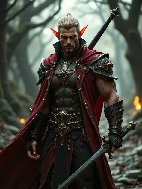 ((FULL BODY)), fierce elf fighter with muscular body, fighter with two iron gauntlets in his hands, rich nobleman clothes, angry face, blond hair and dark blue eyes, RPG character, 4k, Unreal engine, intricate, highly detailed, beautiful lighting, advanced...
