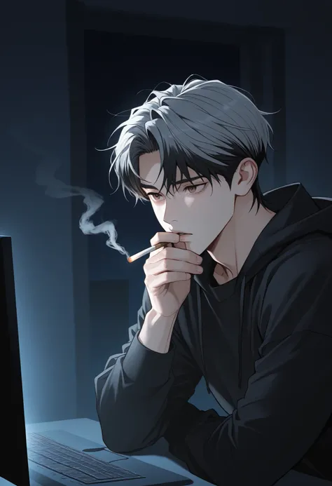 Handsome, solo, 1 male, short hair, black hair with smoke gray hair tips, brown eyes, black shirt, black and white hooded, smoking, night, black light, computer, P_boy