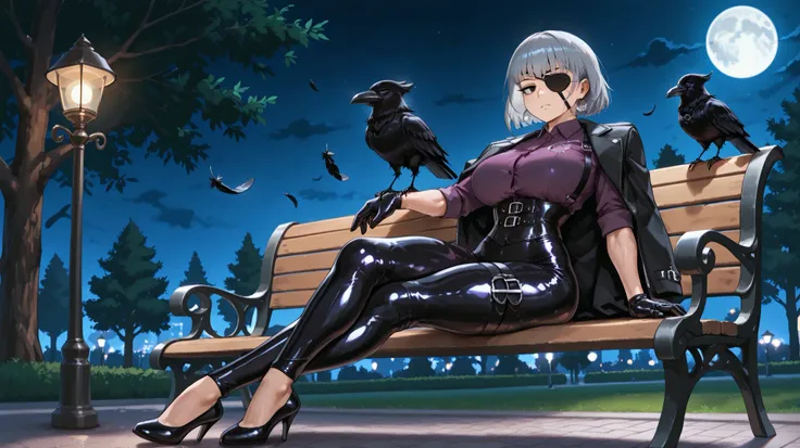 Woman, oldwoman, 60 years old, short hair, silver hair, chanel style hair, (black)eye patch, giant breats, GGG size breasts, slim waist, thick thighs, venus body, muscle, purple dress shirt, black corset(with straps), latex gloves(shine latex Extra Short),...