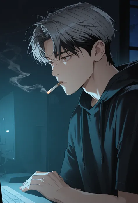 Handsome, solo, 1 male, short hair, black hair with smoke gray hair tips, brown eyes, black shirt, black and white hooded, smoking, night, black light, computer, P_boy