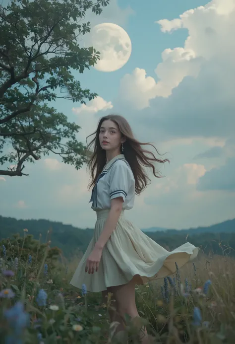 Sally Acorn, girl, solo, tree, null, outdoor, skirt, cloud, brown with swe, hair, moonset, lens, flare, wind景, schools, uniform, moon, wind, length, sleeve,