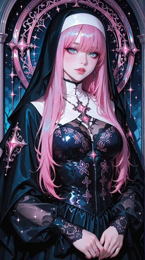 A captivating digital painting of a gothic, ethereal woman, styled as a nun with flowing, vibrant pink hair, dark, detailed lace bodice and long sleeves, and a dramatic black cloak. The image is rich with shimmering pink accents, sparkling gems, and a dar...