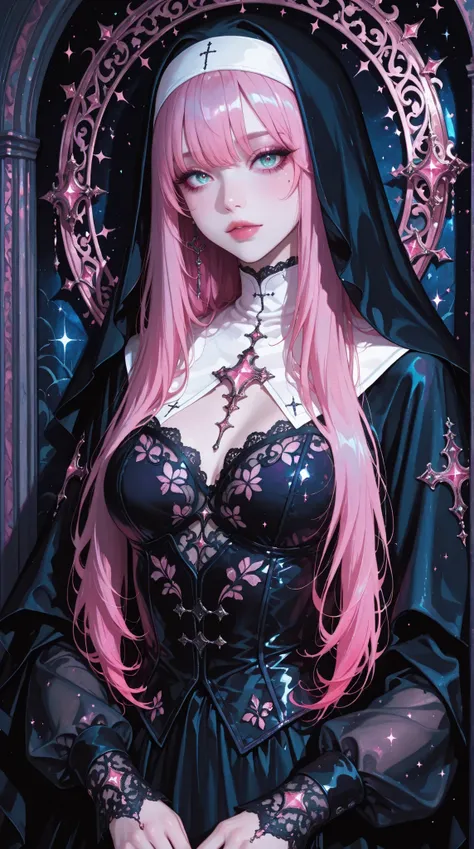A captivating digital painting of a gothic, ethereal woman, styled as a nun with flowing, vibrant pink hair, dark, detailed lace bodice and long sleeves, and a dramatic black cloak. The image is rich with shimmering pink accents, sparkling gems, and a dar...