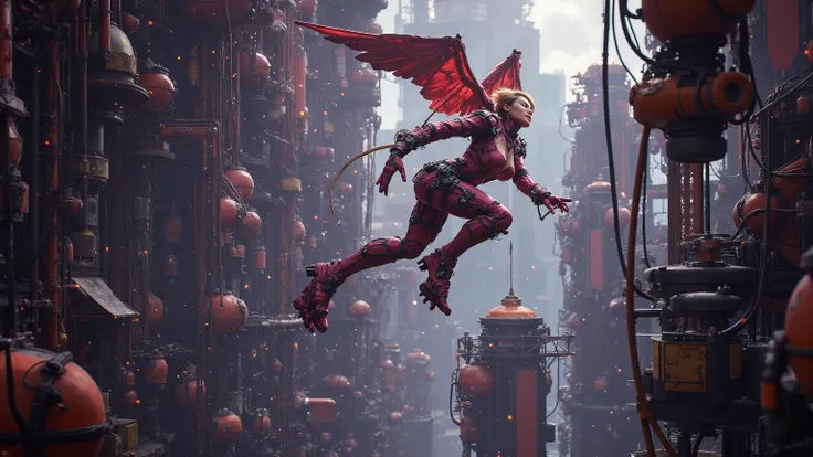 Anime drawn image, intricate, detailed, ornate, fantasy, machinery, neon, cyborg, mechanical parts, mechanical limbs, mechanical wings, cybernetic augmentations, probes, cables, wires, suspended in the air