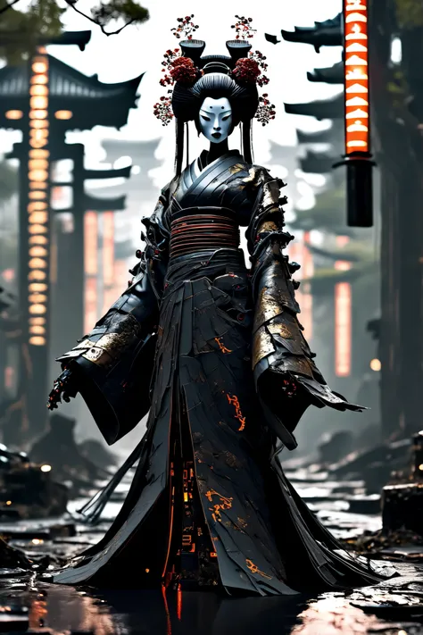 (Full-body, wide-angle, 9:16, centered, standing, feet visible, no cropping) — A stunning cyborg geisha stands in the heart of post-apocalyptic Singapore, fully visible from head to toe. She wears a torn, high-tech kimono reinforced with carbon fiber armor...