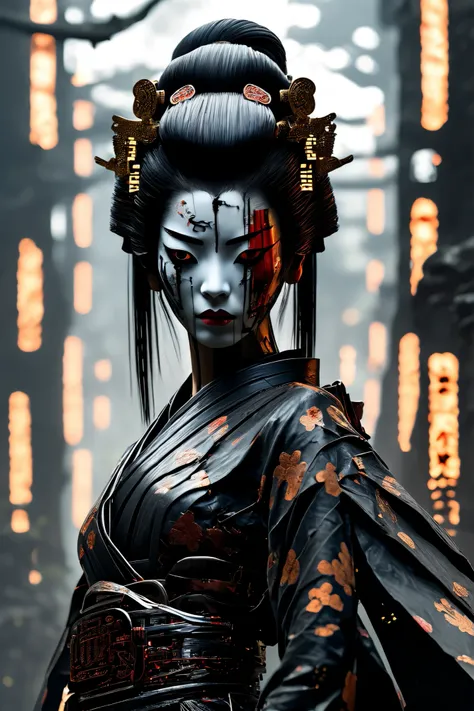 (Full-body, wide-angle, 9:16, centered, standing, feet visible, no cropping) — A stunning cyborg geisha stands in the heart of post-apocalyptic Singapore, fully visible from head to toe. She wears a torn, high-tech kimono reinforced with carbon fiber armor...