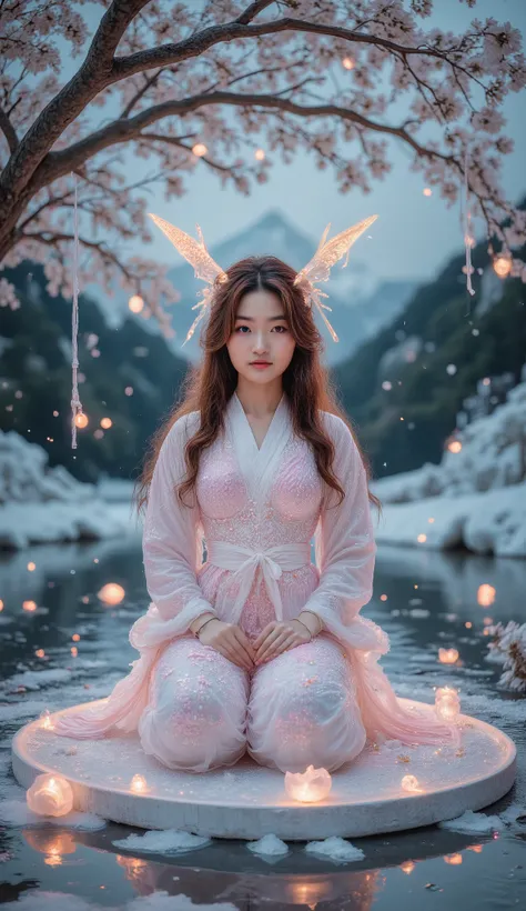 high resolution digital image of a female samurai in a pink white yucca dress,Long hair sitting on a boat under a tree. beautiful cyberpunk samurai. Warm wallpaper. Red and blue lights. He dreamed of all winning battles.. Kashin. Sitting on a lotus . Blu...