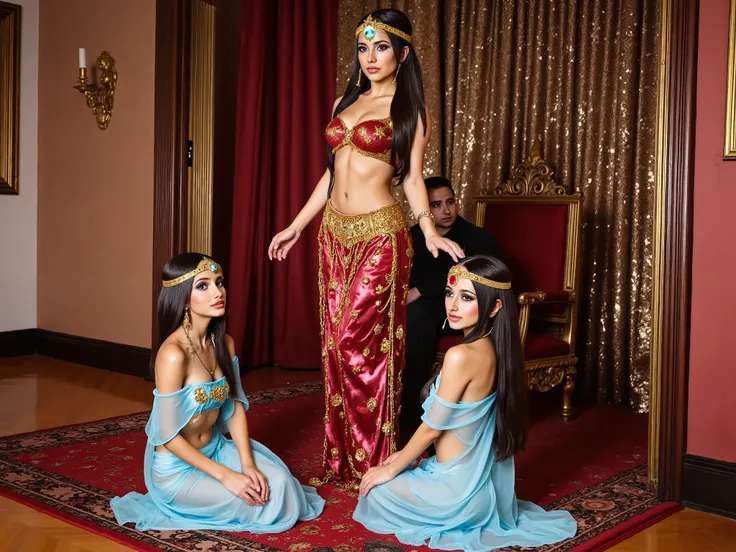 an 18 year old brunette girl dressed as arabian princess in burgundy and gold flowing robes, she is standing in front of an arabian prince, who is sitting on an elaborate throne wearing black and gold finery in an old arabian castle. the princess has two i...
