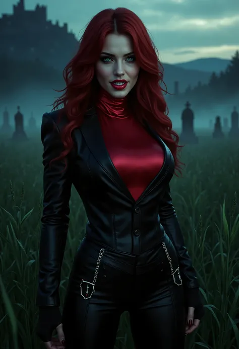 full body beautiful sensual sexy cool vampire girl slightly open ((huge vampire fangs))  muscular body red wavy long hair emerald green eyes, white skin, red lips, round face full red lips high arched eyebrows thin waist long shapely legs full breasts broa...