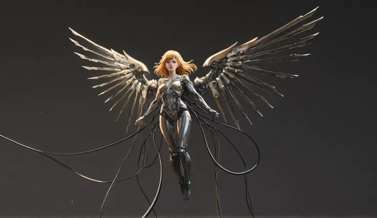 Anime drawn image, intricate, detailed, ornate, fantasy, machinery, neon, cyborg, mechanical parts, mechanical limbs, mechanical wings, cybernetic augmentations, probes, cables, wires, suspended in the air