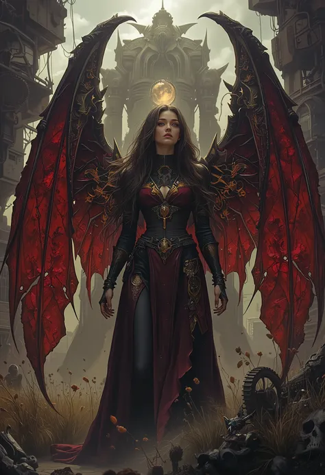 8k,  dark_fantasy, (Scarlet Witch,   yellow: 1.5), Angel Face, 1 person, Standing full-body portrait, Mechanical Wonders ,  Robot Presence