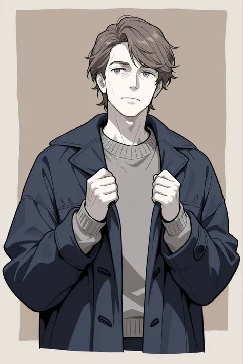 Man, 35 years old, pale skin, lean build, gray-blue eyes, short sandy brown hair, neat clothes, Wrinkled button-up, plain black slack, grey wool sweater, navy windbreaker, neutral tones, worn-out coat, office worker, solo, male, man, boy