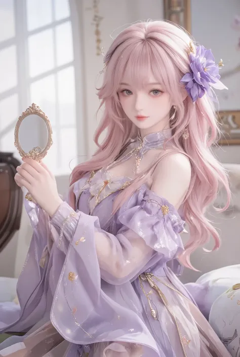 anime girl with pink hair and a purple dress holding a mirror, guweiz, artwork in the style of guweiz, shadowverse style, a beautiful fantasy empress, guweiz masterpiece, 2. 5 d cgi anime fantasy artwork, anime fantasy artwork, smooth anime cg art, beautif...