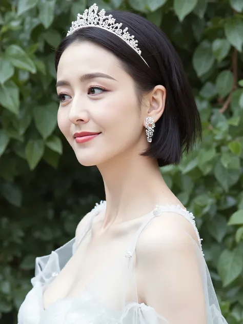 Remove Background, gravure printing, side of the forest, Wearing a crown, From the chest up,  masterpiece, Best Quality, super detailed, realistic, super fine skin, Perfect Anatomy, ( 1 mature Japanese woman), (alone), 35 years old, Big Breasts, mature wom...