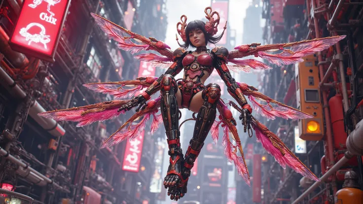 Anime drawn image, intricate, detailed, ornate, fantasy, machinery, neon, cyborg, mechanical parts, mechanical limbs, mechanical wings, cybernetic augmentations, probes, cables, wires, suspended in the air, ray tracing, 16k, UHD, cinematic, masterpiece, aw...