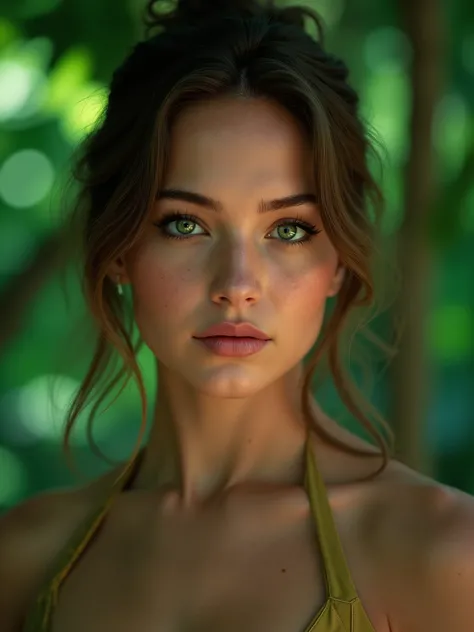 high quality, detailed portrait, green eyes, emerald forest, 20 years old, 44dd perky saggy breasts, realistic, photorealistic, 8k, masterpiece, ultra-detailed, studio lighting, physically-based rendering,vibrant colors,cinematic lighting,warm tones,dynami...