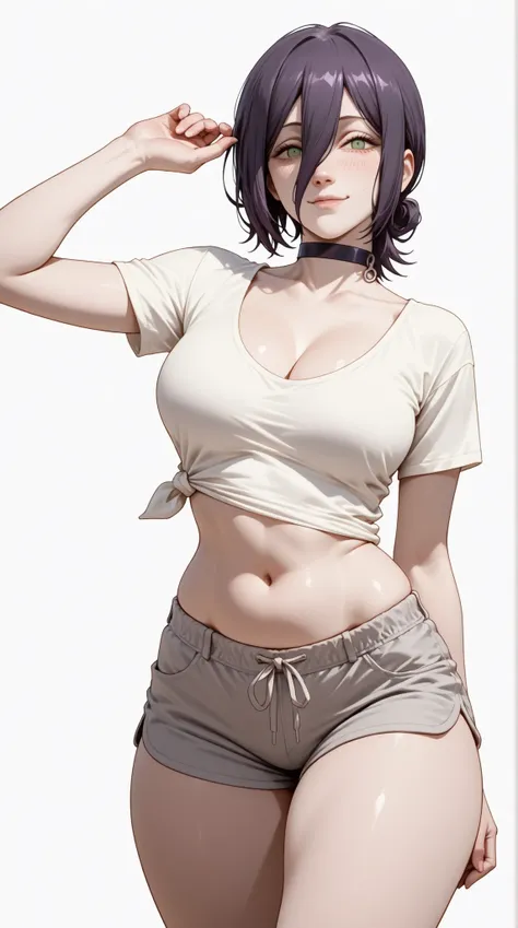 masterpiece, extremely detailed, intricate details, more details, many details, perfect skin texture, 8k, 8k resolution, solo, 1girl, adult,((fullbody)), stand up, reze (chainsaw man), sexy legs, perfect body, large breasts, white t-shirt, grey shorts, hou...