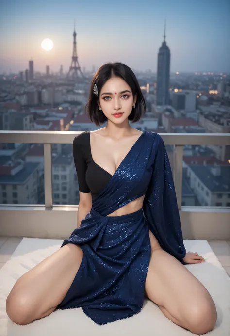 (dark sky, dark env, night time, cinematic lighting, motion blur, galactic sky, tiny moon, background destroyed city, war, on a high skytower), Cara,Russian race, european race, Height 160cm, Adult, 21 years old, makeup-less,black hair, raw face, natural f...