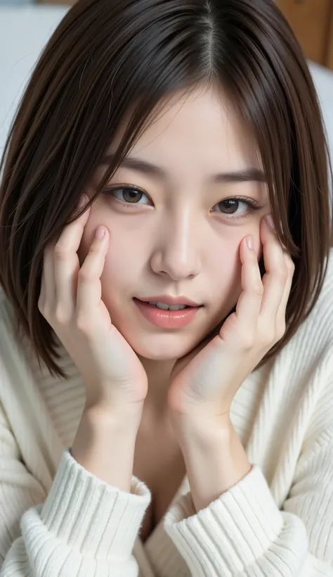 high quality,4K,Super Details,realism,professional grade ,Bokeh,wearing a cheek stick on a pillow, beautiful woman with a short bob, Ahhh,((Patient Expression)), (closes one eye), ( lips), Cardigan, 21 years old,[ open your mouth and stick out your tongue]...