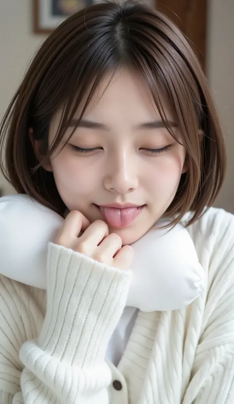 high quality,4K,Super Details,realism,professional grade ,Bokeh,wearing a cheek stick on a pillow, beautiful woman with a short bob, Ahhh,((Patient Expression)), (closes one eye), ( lips), Cardigan, 21 years old,[ open your mouth and stick out your tongue]...