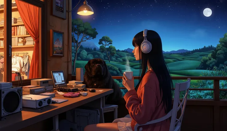 A stunning 3D anime-style scene featuring a Brazilian girl with darker skin tone, brown eyes, long straight black hair, stunning and beautiful artwork, bright shadows, bold colors and a black-coated Chow Chow dog, sitting on the cozy terrace of a rooftop c...