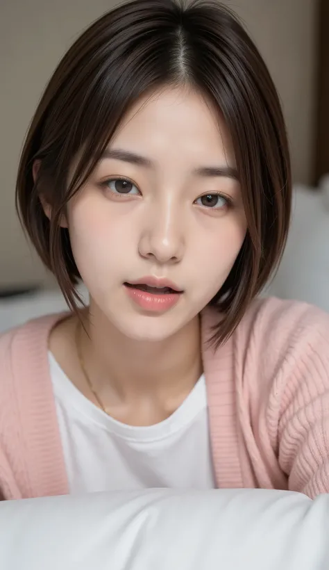 high quality,4K,Super Details,realism,professional grade ,Bokeh,wearing a cheek stick on a pillow, beautiful woman with a short bob, Ahhh,((Patient Expression)), (closes one eye), ( lips), Cardigan, 21 years old,[ open your mouth and stick out your tongue]...