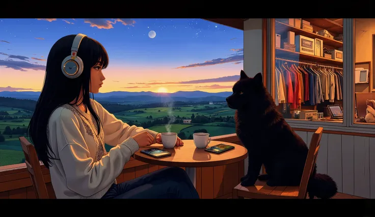 A stunning 3D anime-style scene featuring a Brazilian girl with darker skin tone, brown eyes, long straight black hair, stunning and beautiful artwork, bright shadows, bold colors and a black-coated Chow Chow dog, sitting on the cozy terrace of a rooftop c...