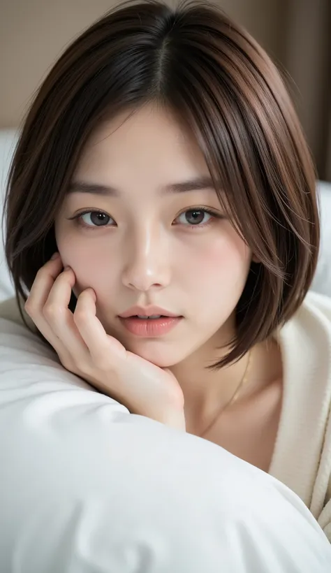 high quality,4K,Super Details,realism,professional grade ,Bokeh,wearing a cheek stick on a pillow, (beautiful woman with a short bob), Ahhh,((Patient Expression)), (closes one eye), ( lips), Cardigan, 18 years old,[ open your mouth and stick out your tongu...