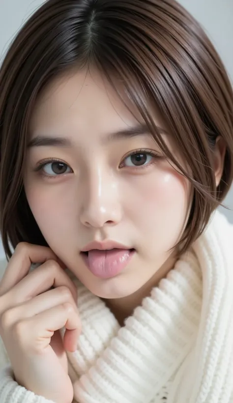 high quality,4K,Super Details,realism,professional grade ,Bokeh,wearing a cheek stick on a pillow, (beautiful woman with a short bob), Ahhh,((Patient Expression)), (closes one eye), ( lips), Cardigan, 18 years old,[ open your mouth and stick out your tongu...