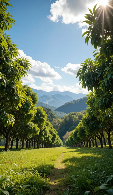 REALISTIC AND AMAZING PICTURE, best quality, PHOTOGRAPHY, impressive, incredible vibrant colors, perfect colors, ultra realistic, Real AVOCADO plantation, some avocado trees in perspective, with TALL TREES LOADED WITH AVOCADOS, around beautiful FORESTS, a ...