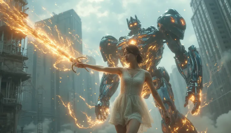 , Beautiful Japanese in a deep V-neck sheer lace minidress The girl of, stockings, and the end of the world, standing in a ruined city, huge, Highly detailed mechanical chain saw blade, filled with complex mechanical parts, Deathsteel wielding , Extremel...