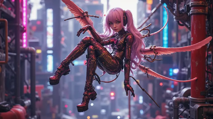 Anime drawn image, intricate, detailed, ornate, fantasy, machinery, neon, cyborg, mechanical parts, mechanical limbs, mechanical wings, cybernetic augmentations, probes, cables, wires, suspended in the air, ray tracing, 16k, UHD, cinematic, masterpiece, aw...