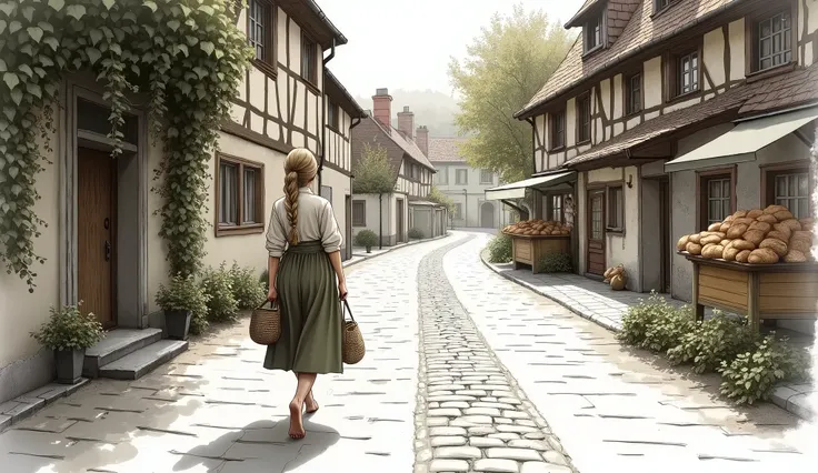 A graceful German woman with a long blonde braid, walking barefoot on old cobblestone streets in a quaint village. She carries a woven basket and stops to buy fresh bread from a rustic bakery. The background shows charming half-timbered houses, ivy-covered...