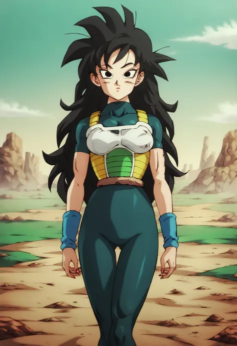 by mattari illust, 1girl, black eyes, black hair, ((semi long hair)), spiky hair, closed mouth, female focus, female, wasteland, (((dark teal bodysuit))), skintight suit under armor, (long sleeved), solo, blue wristband, dbsb, possible sister of Bardock,
