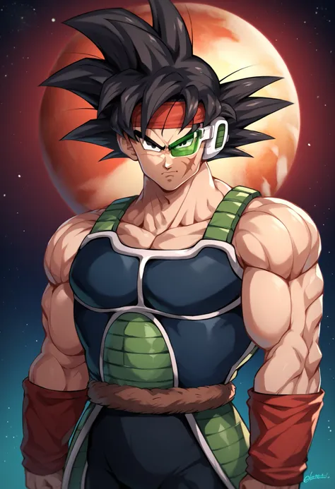 bardock, by mattari illust, 1boy, black eyes, black hair, closed mouth, cross scar, headband, male focus, muscular, muscular male, planet, red headband, saiyan armor, scar, scar on cheek, scar on face, serious, solo, space, wristband, (eye glass), score_9,...