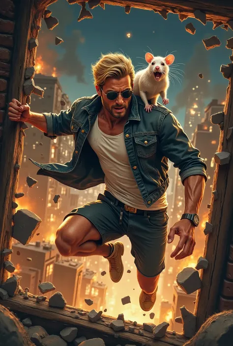 Comix zone. This is a digitally rendered artwork in a comic book style, depicting a muscular man with blonde hair and sunglasses, wearing a denim jacket over a white tank top and dark shorts, leaping through a shattered window. A white rat is perched on hi...