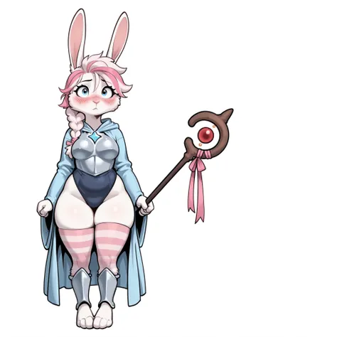 masterpiece, best quality, amazing quality, anthro bunny, female, (solo), big blue eyes, big eyelashes, white fur, medium breasts, hopeful, kind, gentle, shy, blushing, small hands, wide hips, chubby thighs, looking at viewer, young, looking at viewer, (sm...
