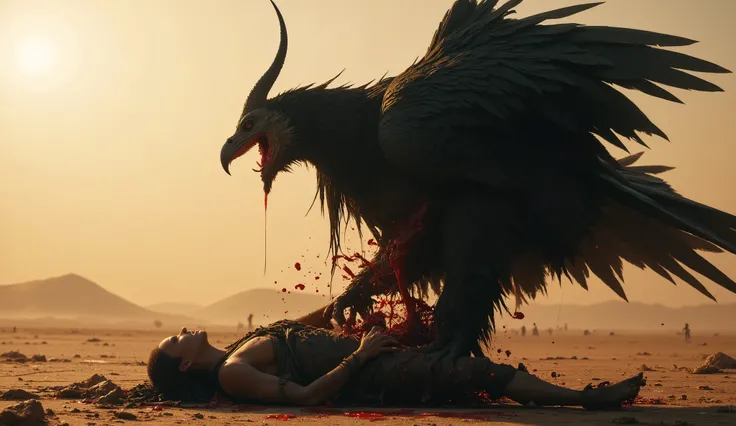 Monstrous bird devouring a human. evil. dry environment . Extremely hot environment. warm natural light. Abandoned environment. Dark brown rags. surrealism.