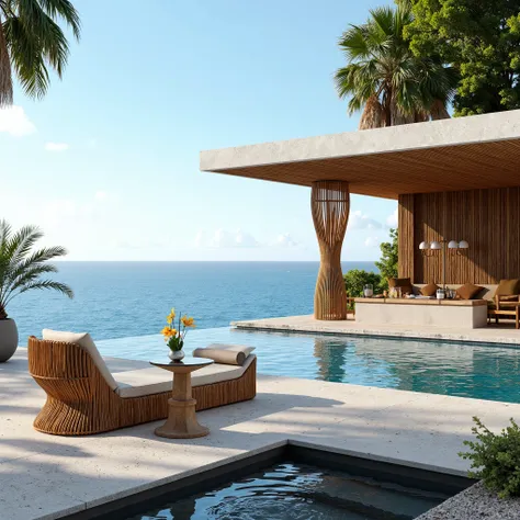 I want you to design furniture in a tropical style, this furniture is a bar counter and chair, the material of the furniture can be rattan and stone. Let the countertop of the bank be made of gray stone. Let the seating elements furniture be on the edge o...