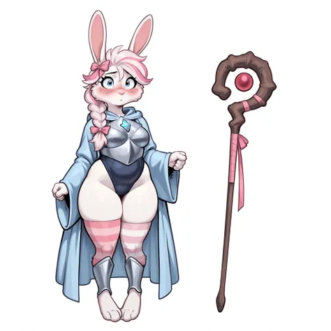 masterpiece, best quality, amazing quality, anthro bunny, female, (solo), big blue eyes, big eyelashes, white fur, medium breasts, hopeful, kind, gentle, shy, blushing, small hands, wide hips, chubby thighs, looking at viewer, young, looking at viewer, (sm...