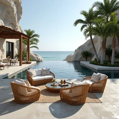 I want you to design furniture in a tropical style, this furniture is a bar counter and chair, the material of the furniture can be rattan and stone. Let the countertop of the bank be made of gray stone. Let the seating elements furniture be on the edge o...