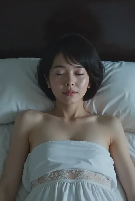 (( Best Quality )), ((masterpiece)), ( details), Japanese woman, first person view , the woman is sleeping on her back , sexy,( in the bedroom),((( abnormally large breasts , Dark colored underwear, short bob hair))), black hai...