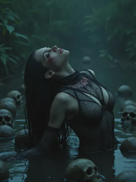 Beautiful half nude dark haired cosmic entity woman in stockings and chainmail shirt, leaned head upwards, drowning in a swamp of skulls in the rain,half rotten face and skull exposed face,blood and feathers on her skin,sensual art, satanic occult black me...