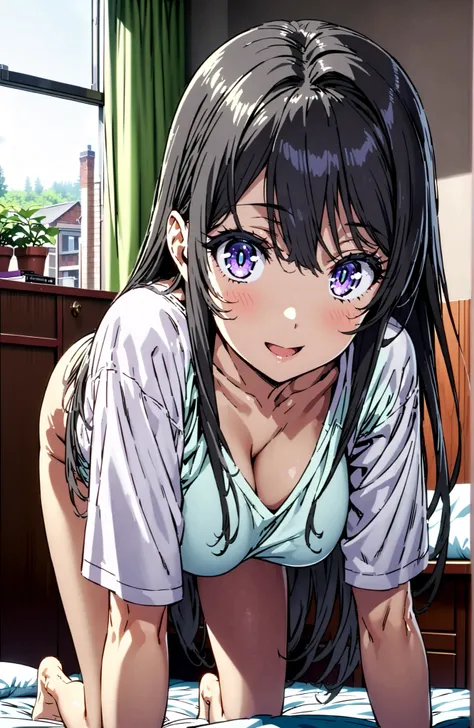 score_9, score_8_up, score_7_up, source_anime,
household, Mai Sakurajima, long hair, Bang, black hair,  purple eye, extended down blouse, down blouse, No., saggy breasts,Oversized t-shirt standing on all fours on a bed,smile,cover,open your mouth,narrows h...