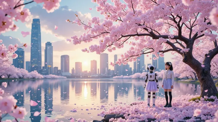 "A cinematic scene featuring a futuristic cyberpunk city skyline with towering skyscrapers. In the foreground, a glowing lake reflects the soft light of a sunset. A young cyberpunk girl and a small humanoid robot stand together under a massive cherry bloss...