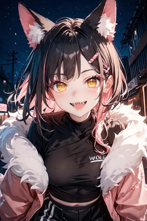 Character: solo, 1girl, wolf-girl, demi-human, adult, grenn-yellow eyes ((Eyes with high detail, no defects, pupils of equal size)), playful, cheeky look, full lips, black hair, pink highlight on hair, wolfcut, (wolf ears), sharp teeth, canine teeth, playf...